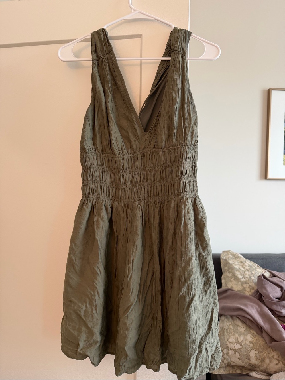 V-Neck Olive Green Smocked Waist Sundress